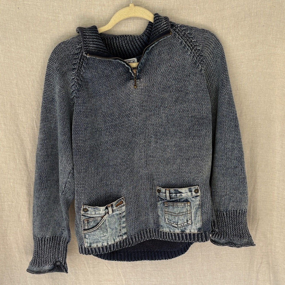 Women's Navy Half-Zip Knit Sweater with Contrast Denim Pockets